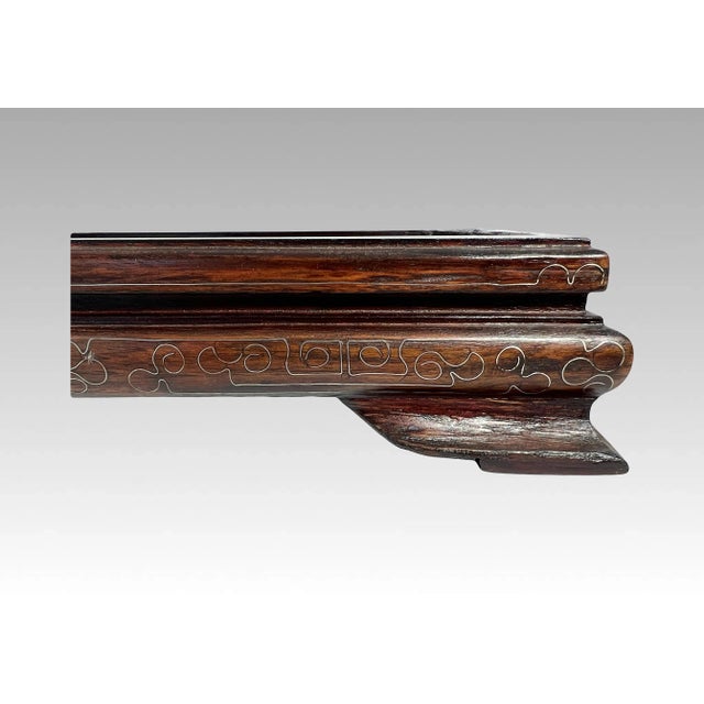 Large Antique Oriental Rectangular Wood Display Stand Inlaid With Silver Wire 15.5" X 9" For Sale - Image 10 of 11