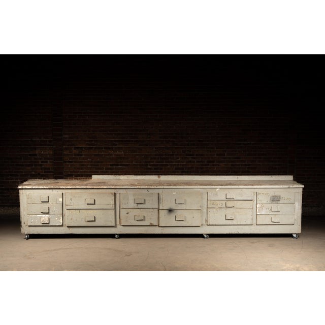 Industrial Early 20th Century Monumental Industrial Shop Workbench Cabinet With Labeled Drawers For Sale - Image 3 of 18