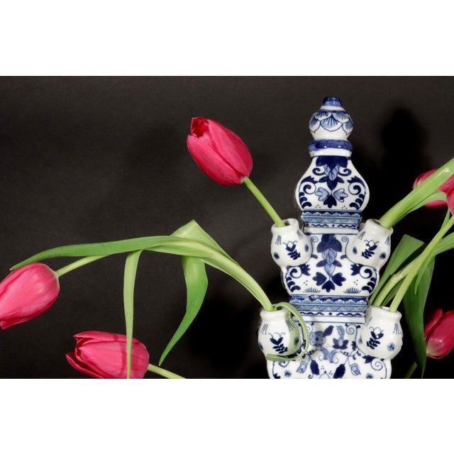 Blue and White Porcelain Tulipière Flower Pyramids in the Dutch Delft Style, Pair For Sale - Image 9 of 9