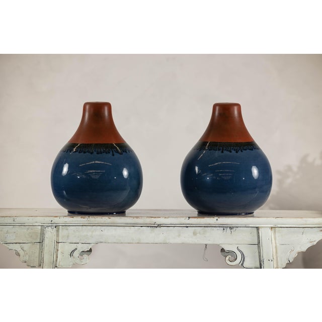 Pair of Artisan Ceramic Vases in Midnight Blue, Pre-Drilled for Lamp Conversion For Sale In New York - Image 6 of 12