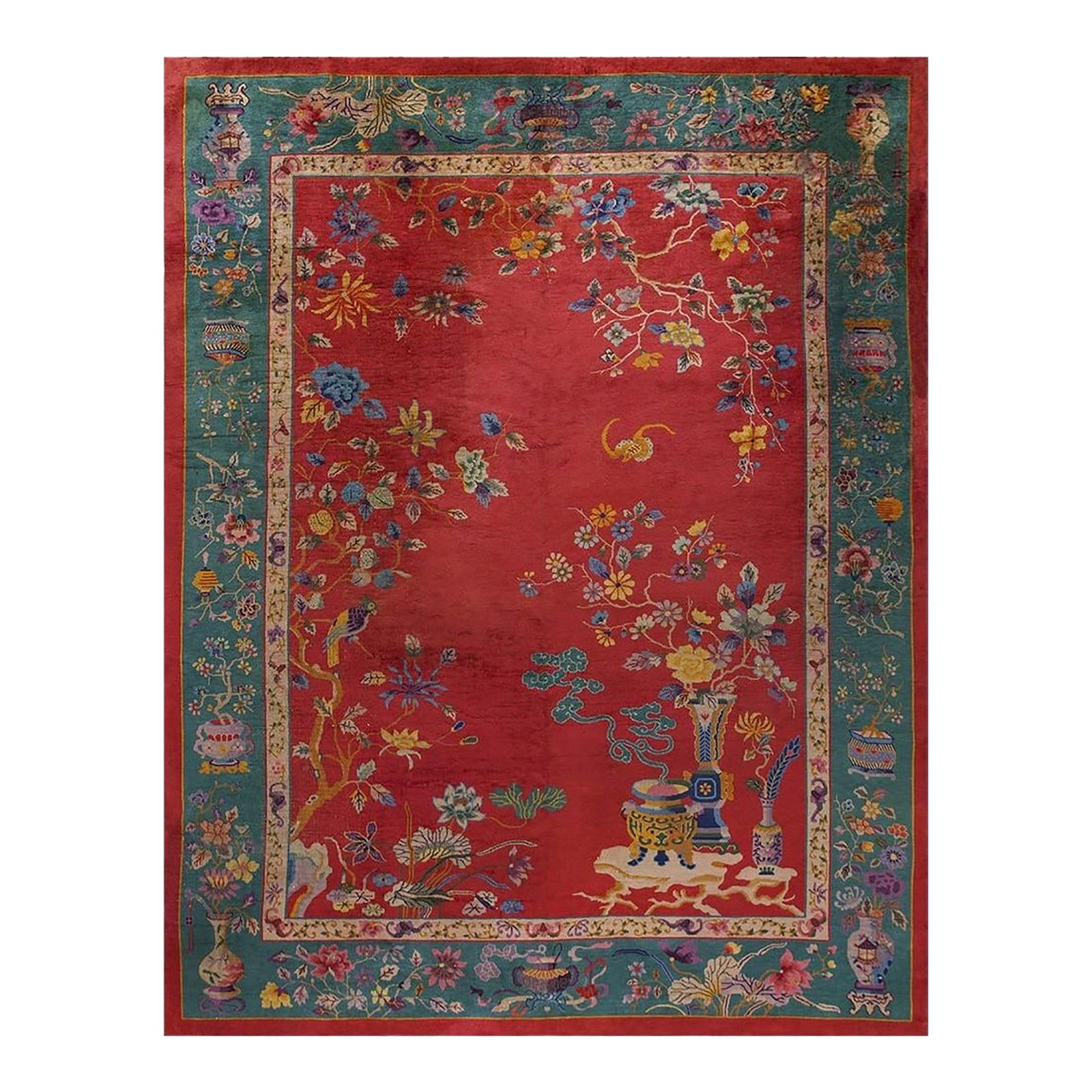 1920s Red Rust Floral Antique Chinese Art Deco Rug 9'x11' 8'' Woven ...