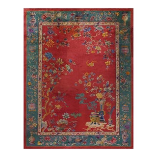 1920s Red Rust Floral Antique Chinese Art Deco Rug 9'x11' 8'' Woven Wool Carpet For Sale