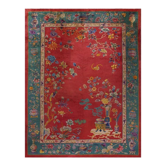 1920s Red Rust Floral Antique Chinese Art Deco Rug 9'x11' 8'' Woven Wool Carpet For Sale