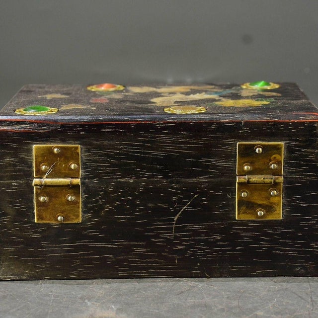 Wood Vintage Chinese Zitan Wood Box With Gold Painted Bird & Gemstone Inlay - Chinoiserie Jewelry Box For Sale - Image 7 of 9
