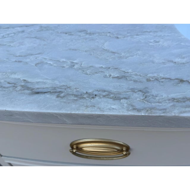 Mid-Century Modern Vintage Bow-Front Dresser Bathroom Vanity With Marble Top & Brass Hardware -White Pearl Quartzite For Sale - Image 3 of 5