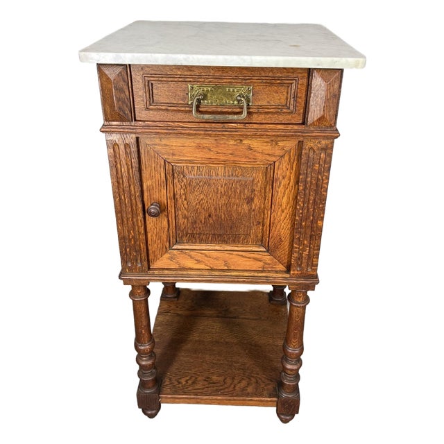 Antique French Marble Top Oak Nightstand For Sale
