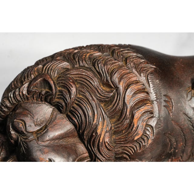 Victorian Large 19th Century Antique Lion of Lucerne Grand Tour Wood Sculpture Statue Hand Carved Swiss European Art Switzerland Home Decor For Sale - Image 3 of 17