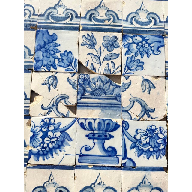 Blue Antique 18th Century Portuguese Blue & White Flowerpiece on a Classical Stand Tile Mural For Sale - Image 8 of 16