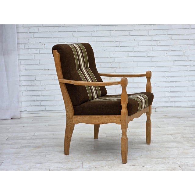 Danish Armchair in Striped Furniture Wool and Carved Oak Wood, 1970s For Sale - Image 17 of 17
