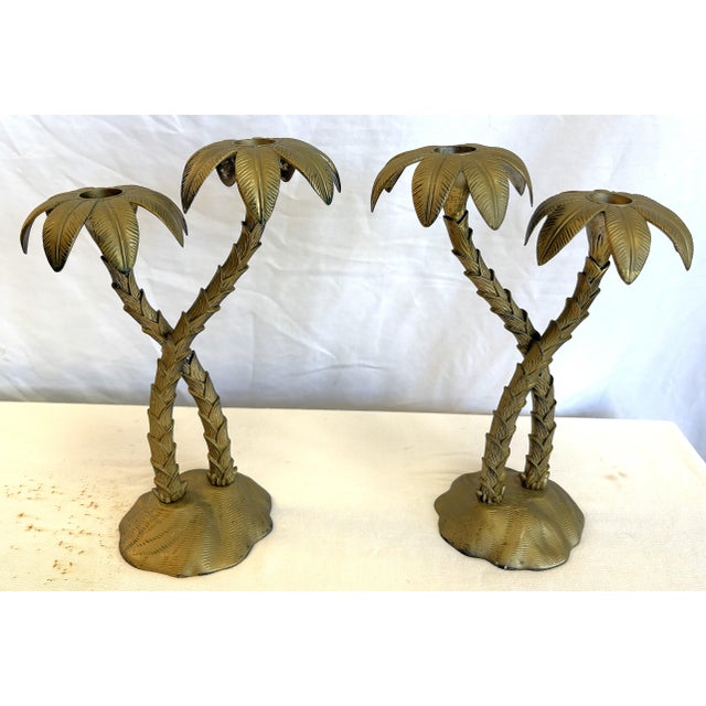 Brass Vintage Godinger Double Crossed Palm Tree Candlesticks- A Pair For Sale - Image 8 of 15