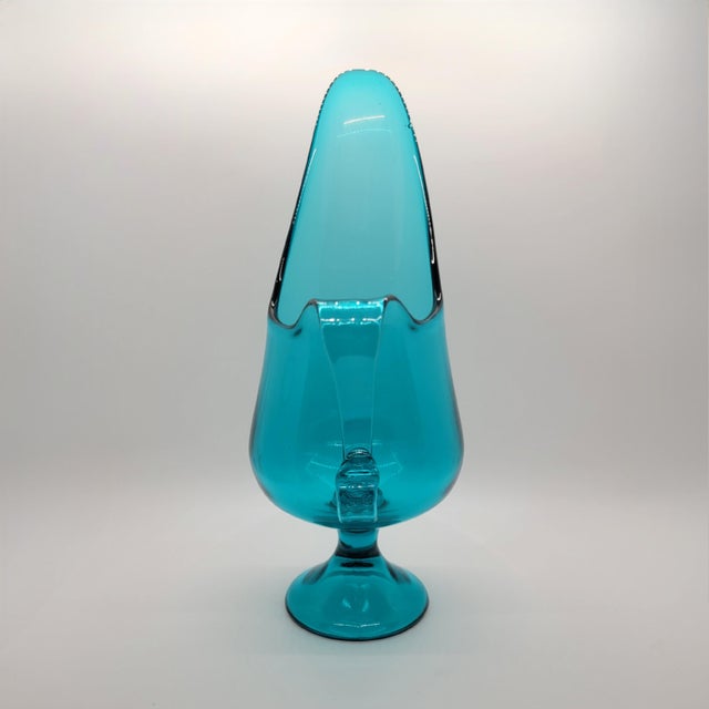 Vintage Le Smith MCM Aqua Glass Pitcher Candleholder Vase Simplicity Design For Sale - Image 4 of 10