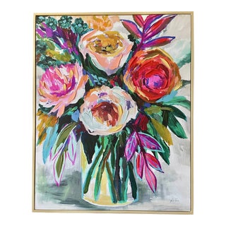 Contemporary Still Life of Vibrant Flowers Oil Painting on Canvas, Framed For Sale