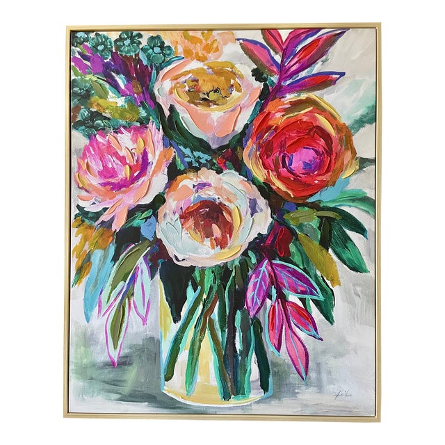 Contemporary Still Life of Vibrant Flowers Oil Painting on Canvas, Framed For Sale