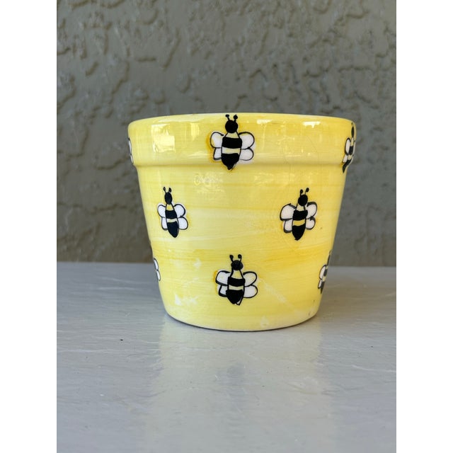 Mid 20th Century Vintage Mid 20th Century Yellow Hand Painted Bees Ceramic Flower Pot For Sale - Image 5 of 12