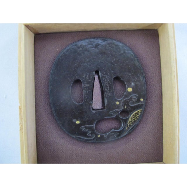 Metal Iron Tsuba Sword Guard Japanese Edo Period Signed With Gold Wave Design For Sale - Image 7 of 7