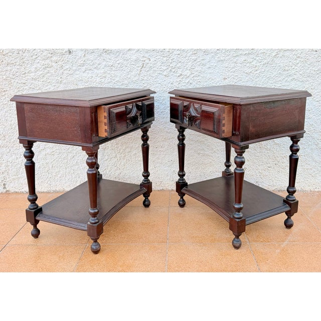 Wood Spanish Carved Wood Bedside Tables with Lower Shelves, 1940s, Set of 2 For Sale - Image 7 of 11