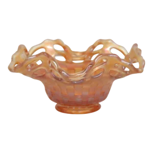 Fenton Marigold Carnival Glass Basket Weave Open Lace Edge Candy Dish Bowl