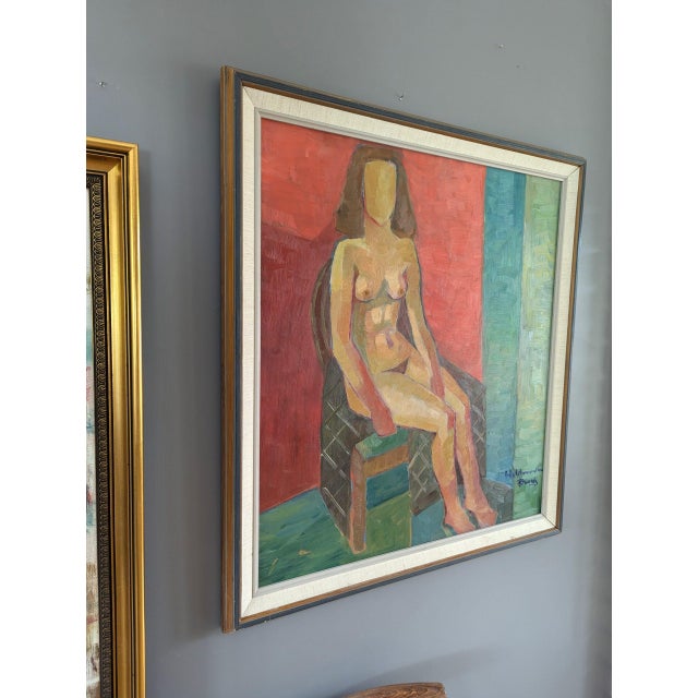 Mid-Century Modern "Nude on Chair" Vintage Figurative Oil Painting, Framed For Sale - Image 4 of 11