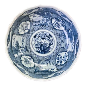 Large Blue and White Japanese Speckled Stoneware Bowl