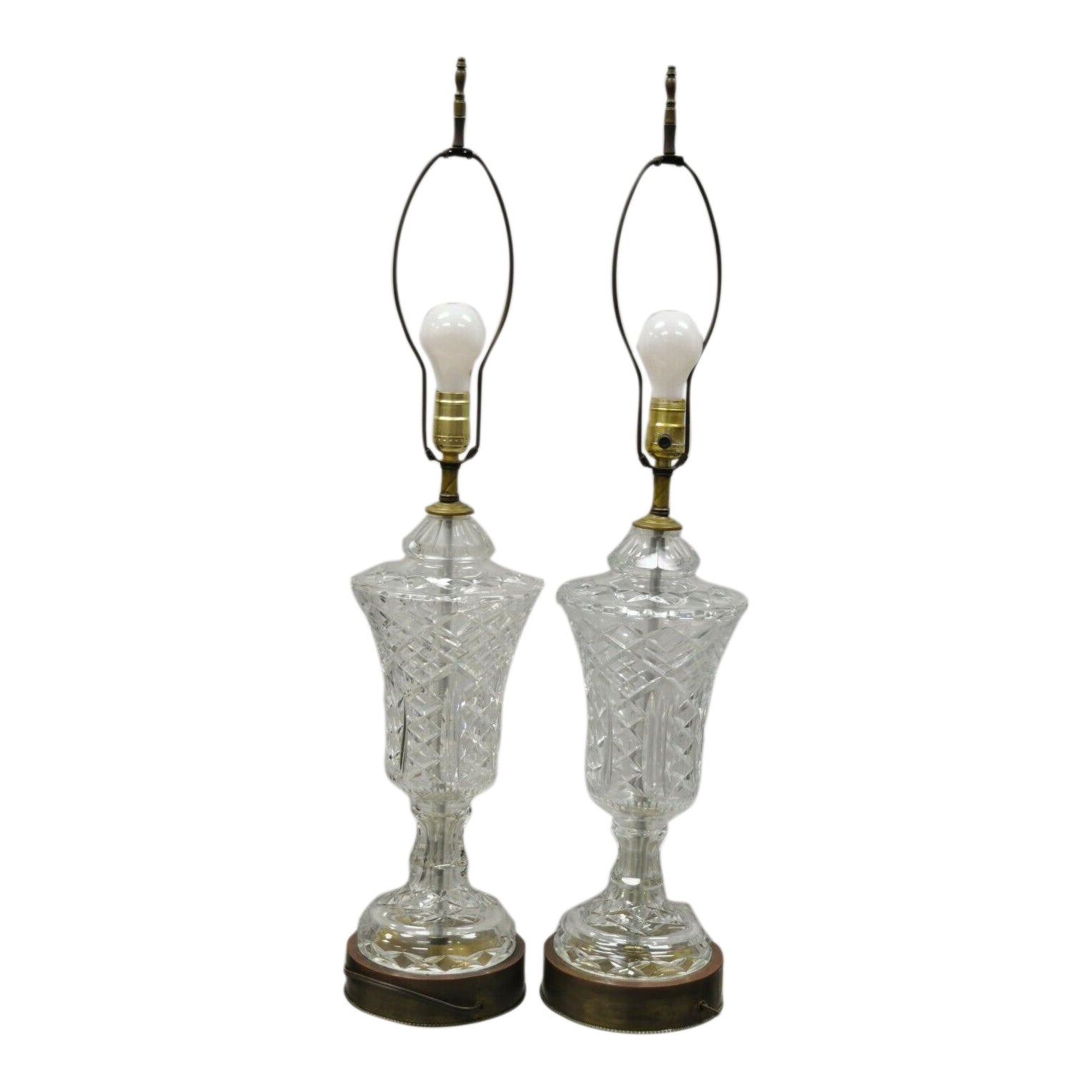 Antique Cut Crystal Glass Urn Form Body Brass Base Victorian Table Lamp