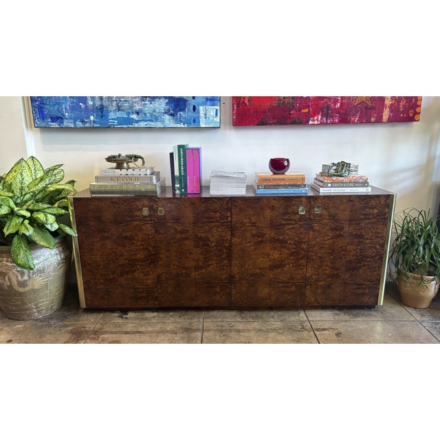 Wood Century Furniture 1970’s 4-Door Burlwood and Brass Credenza For Sale - Image 7 of 8