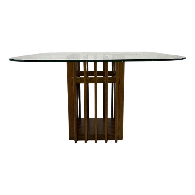 Italian Sculptural Dining Table in Crafted Wood and Thick Glass, 1970s For Sale