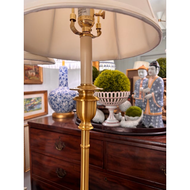 2020s Contemporary Ralph Lauren Brushed Gold Tall Buffet Lamps With Off White Silk Shades, a Pair For Sale - Image 5 of 9