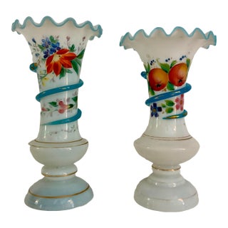 Antique White Opaline Vases With Fruit, Flowers, and Glass Applied Snakes - A Pair For Sale