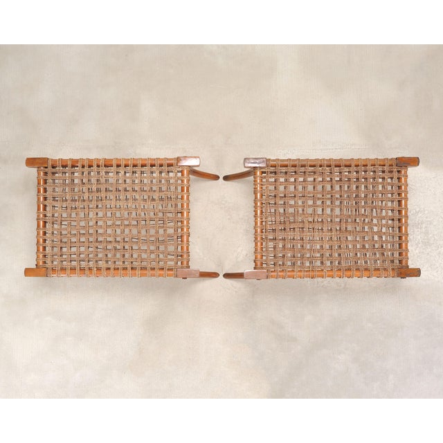 T.H. Robsjohn Gibbings Pair of Robsjohn-Gibbings Style Walnut Klismos Rope Benches For Sale - Image 4 of 18