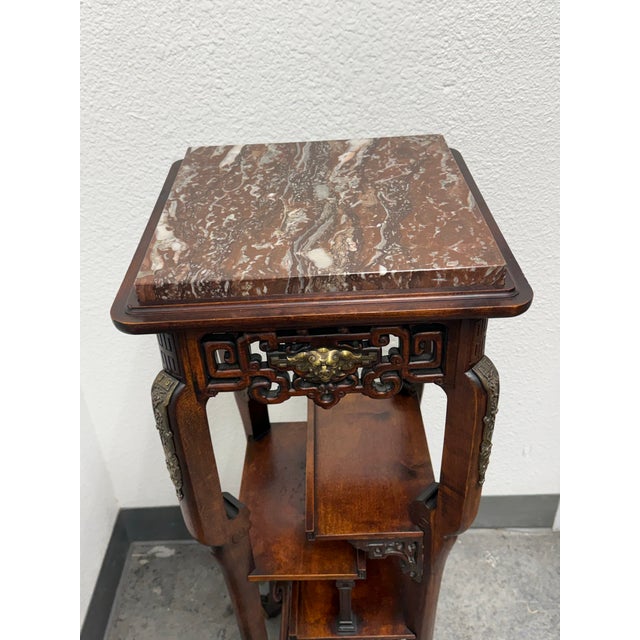 Late 20th Century Chinoiserie Carved Wood Tiered Marble Top Stand, Vintage For Sale - Image 5 of 12