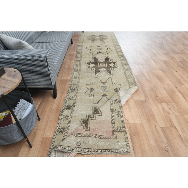 1970s Vintage Turkish Handmade Wool Cotton Beige Runner Rug For Sale - Image 4 of 11