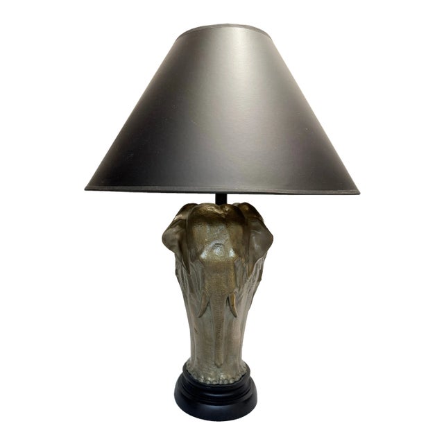 Vintage Hollywood Regency Three Sided Elephant Table Lamp With Original Faux Tortoise Shell Lined Shade For Sale