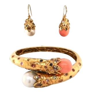 Bochic “Orient” Vintage Sapphire & South Sea Pearl Earrings & Bangle 18K & Silver For Sale