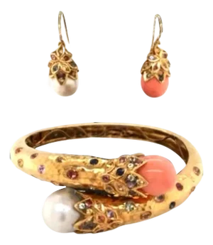 Bochic “Orient” Vintage Sapphire & South Sea Pearl Earrings & Bangle 18K & Silver