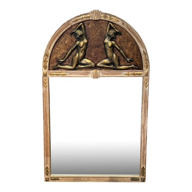 French Art Deco Oak Figural Trumeau Mantel Mirror For Sale