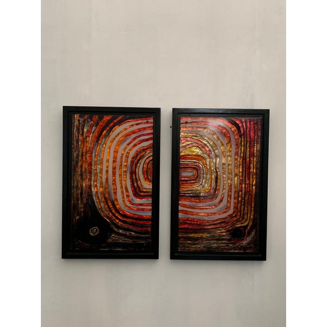 Spectacular 70s multicolored resin panels, on black lacquered wooden support, measures 69v109 per panel.