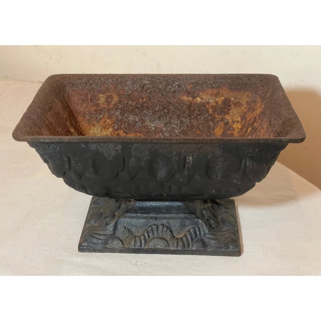 1920s Antique Ornate Heavy Art Deco Cast Iron Rectangular Footed Planter Pot Black For Sale - Image 5 of 8