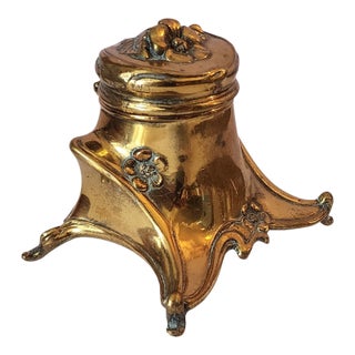 Antique Brass Jennings Brothers Art-Nouveau Single Well Inkwell W/ Milk Glass Insert For Sale