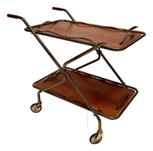 Tea Trolley or Serving Cart in Brass and Tubular Steel with Removable Teak Trays, Germany, 1960s