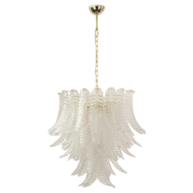 Large Suspension Chandelier with Murano Clear Glass Leaves, Italy, 1990s For Sale