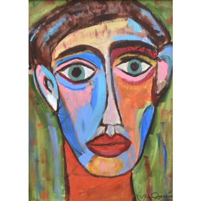 Abstract Bold Picasso Style Man Portrait Painting Including the Antiqued Gold Wood Frame For Sale - Image 3 of 5