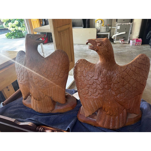 Traditional Pair of 23” Vintage Glazed Terra Cotta Federal Eagle Sculptures For Sale - Image 3 of 12