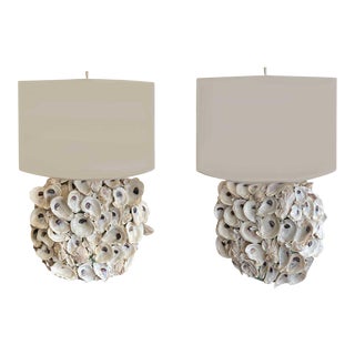 Oyster Shell Lamps with Custom Shades - a Pair For Sale