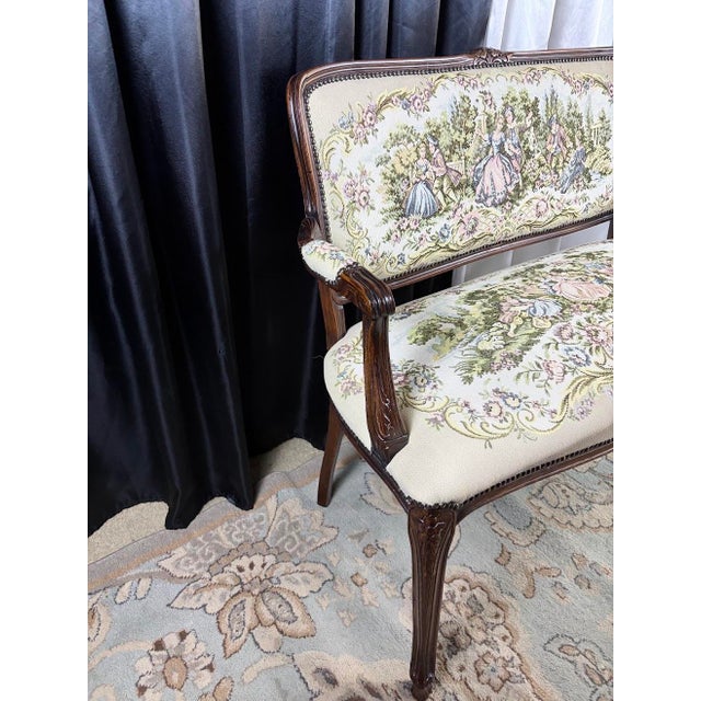 1950s Vintage French Louis XV Style Upholstered Romantic Settee / Loveseat Settee For Sale - Image 5 of 18