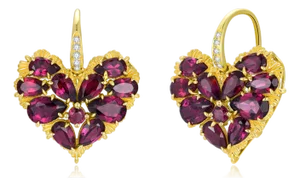 Nina Zhou Fantasy 6.45ctw Natural Heart Rhodolite Garnet & Diamond Drop Earrings in 14k Yellow Gold, a Pair