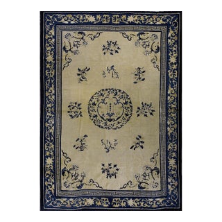 1920s Beige Medallion Greek Key Antique Chinese Peking Knotted Rug 6'2" X 8'8" For Sale
