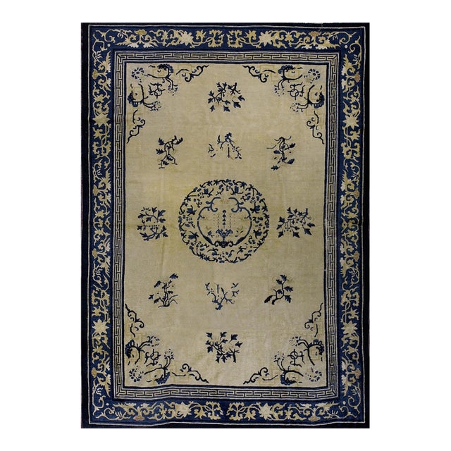 1920s Beige Medallion Greek Key Antique Chinese Peking Knotted Rug 6'2" X 8'8" For Sale