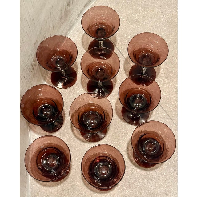 Rare Vintage Mid-Century Bill Blenko Designed Art Glass Air Twist Amethyst Wine Glasses- Set of 10 For Sale - Image 9 of 12