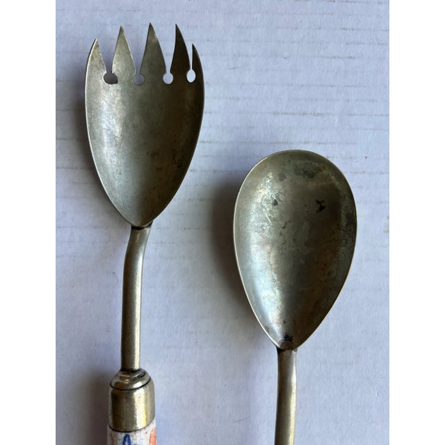 Vintage Blue, White and Orange Chinoiserie Salad Servers For Sale - Image 4 of 4