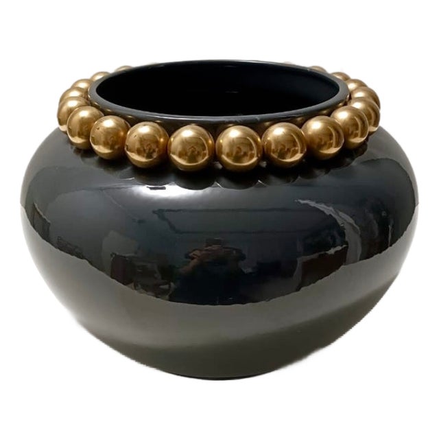 Dark Grey / Green Lacquered Ceramic Vase with Pure Gold Pearls, Italy, 1950s For Sale
